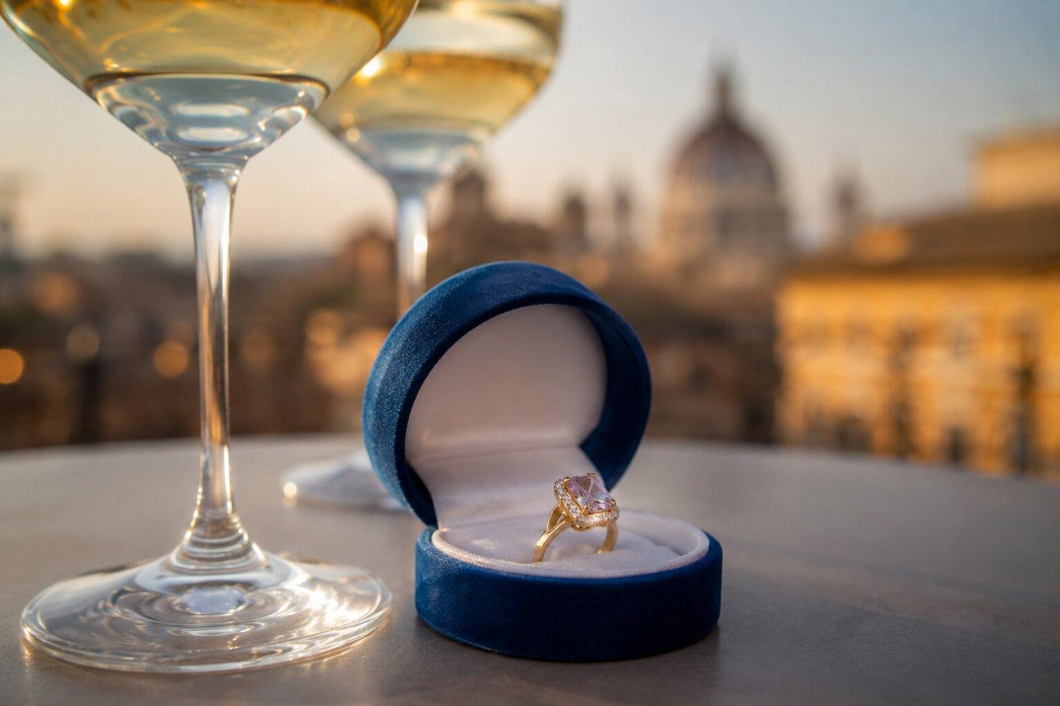 Engagement ring with champagne in Italian palazzo - luxury proposal experience in Rome
